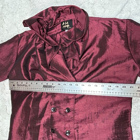 A La Mode by XiAO Ruffle Neckline Double-Breasted Blouse Jacket Small Burgundy - Picture 7 of 8